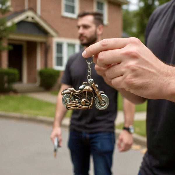 Close-up of hand holding motorcycle keychain with man standing near house in background