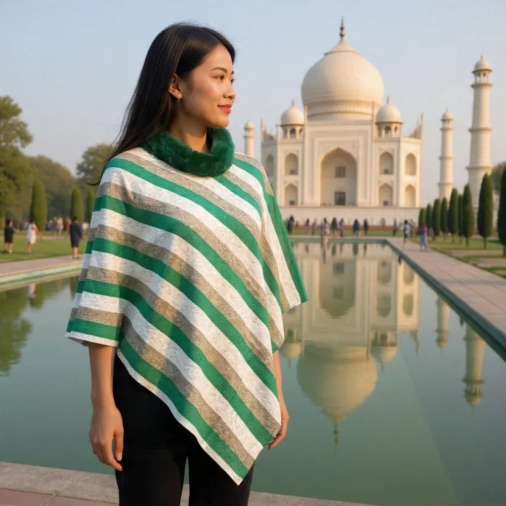 Strip Pashmina Panchu with Fur | Multi Colour