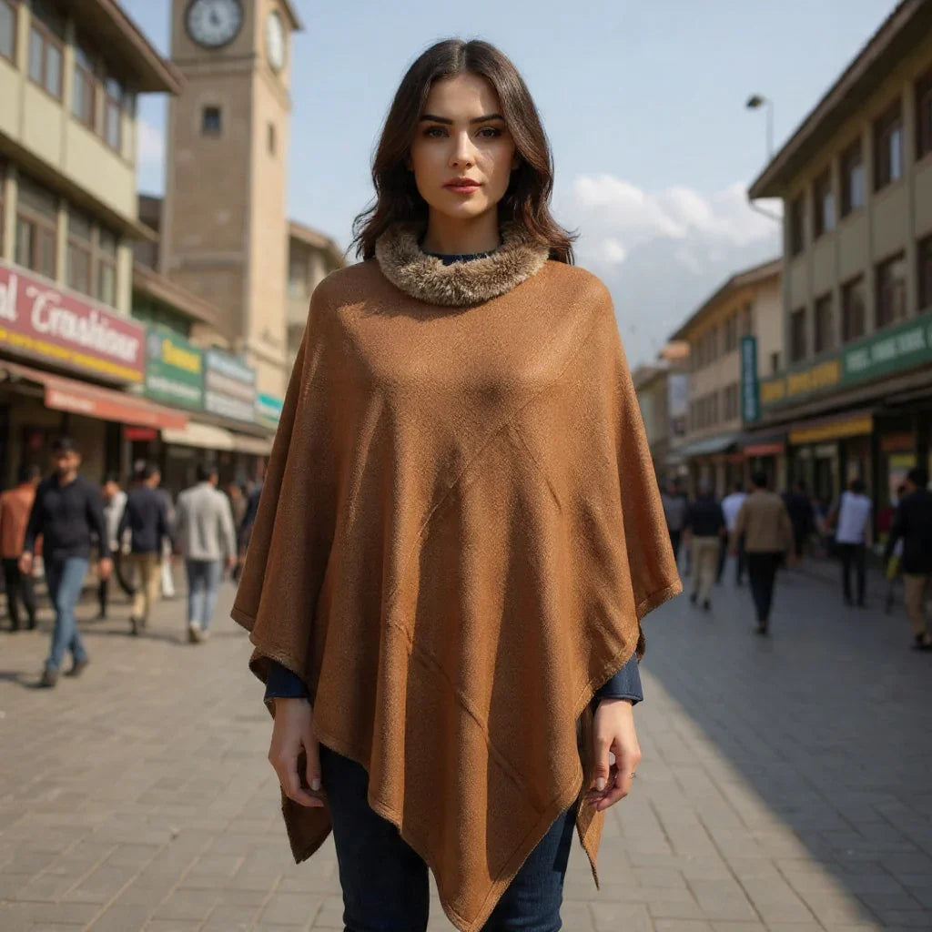 Plain Pashmina Panchu With Fur | Syrup Colour