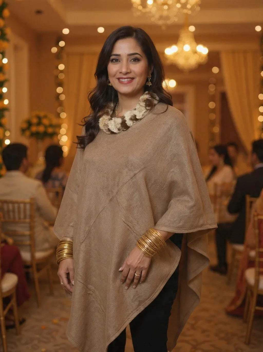 Plain Pashmina Panchu With Fur | Russet Colour