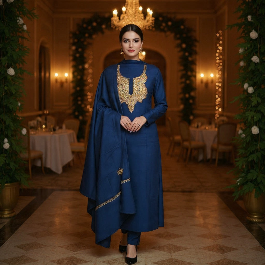 Kashmiri Sozni Work Suit | Woollen Suit | Unstitched Suit