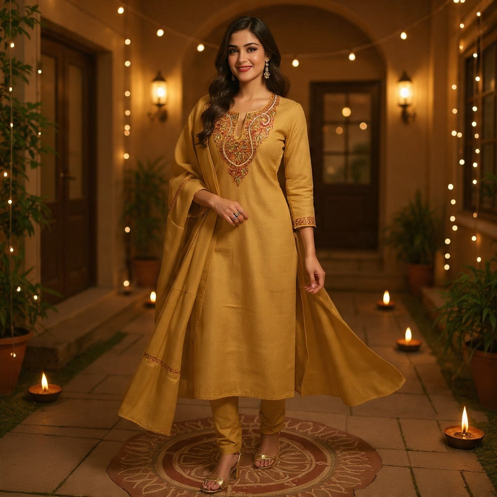 Kashmiri Sozni Work Suit | Woollen Suit | Unstitched Suit