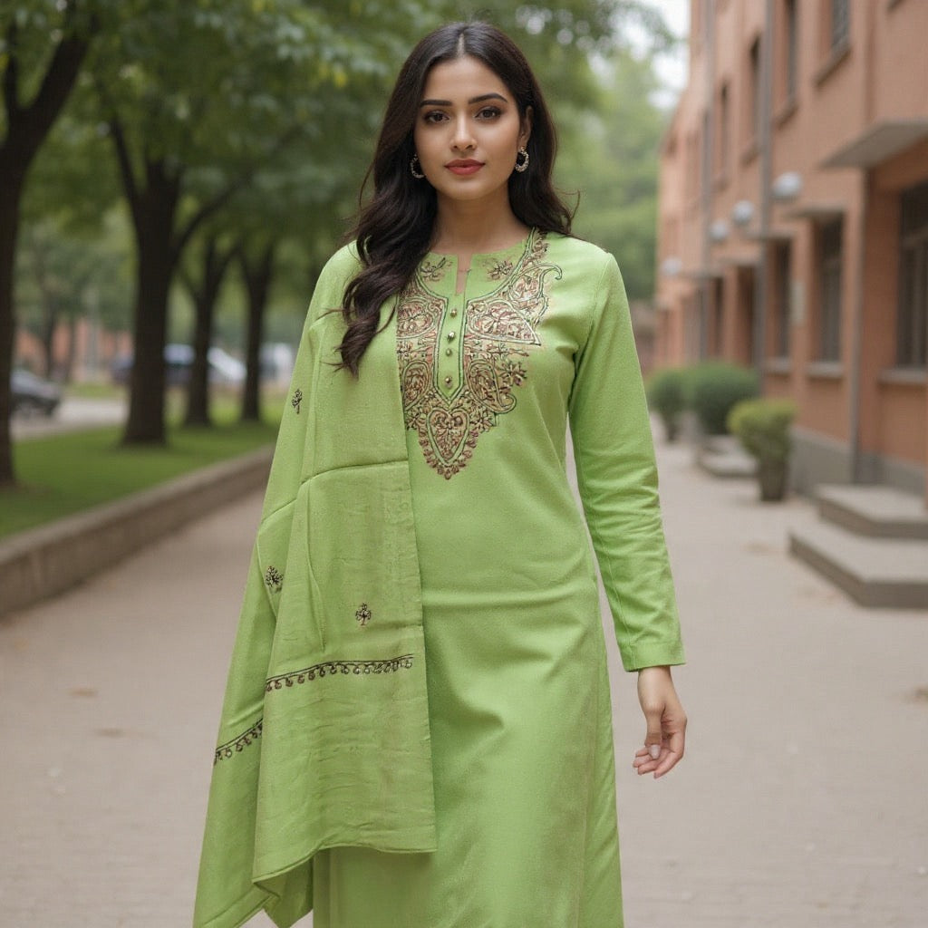 Kashmiri Sozni Work Suit | Woollen Suit | Unstitched Suit