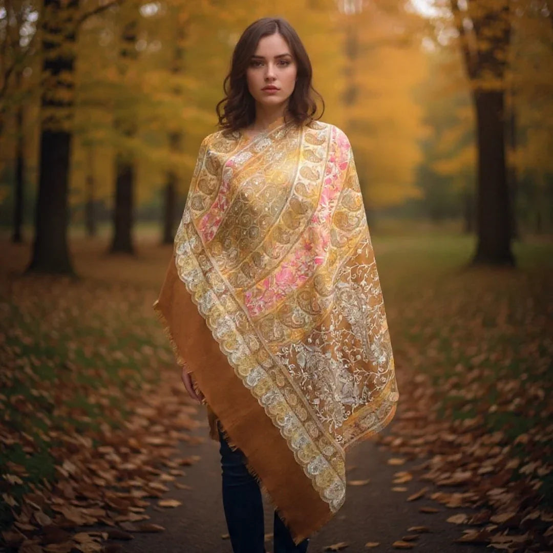Kashmiri Wool Shawl | Mustard Colour | Handwork