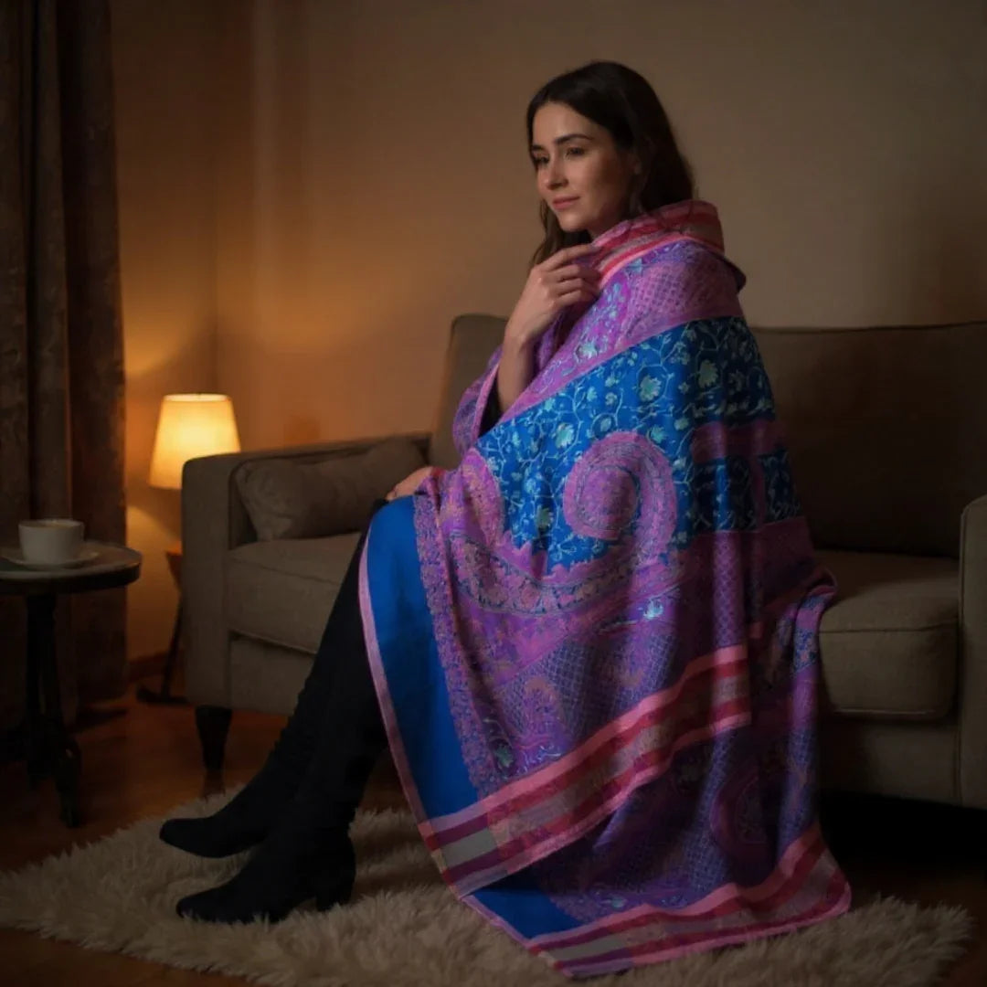 Kashmiri Wool  Shawl | Blue Colour | Handwork