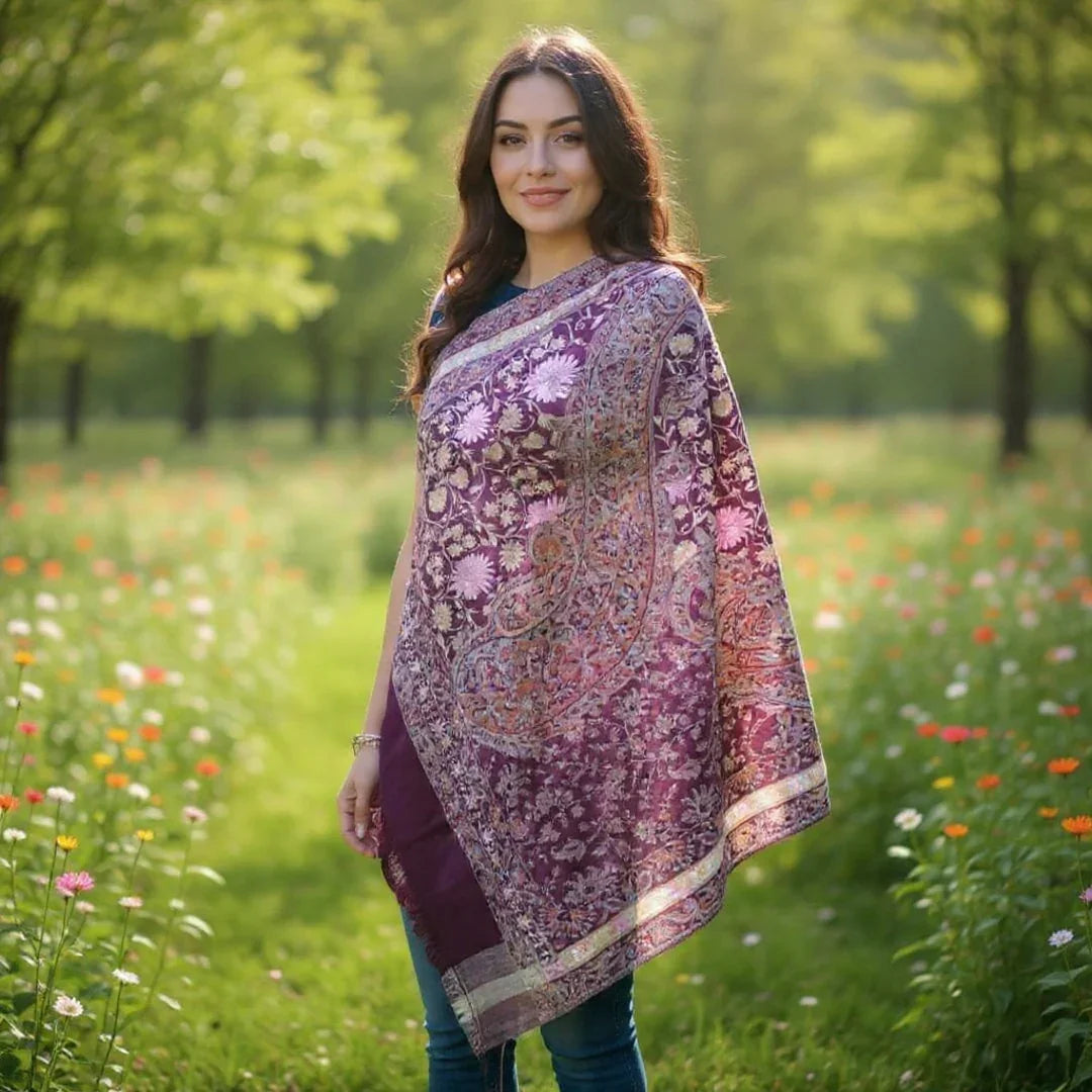 Kashmiri Wool Shawl | Brown Colour | Handwork