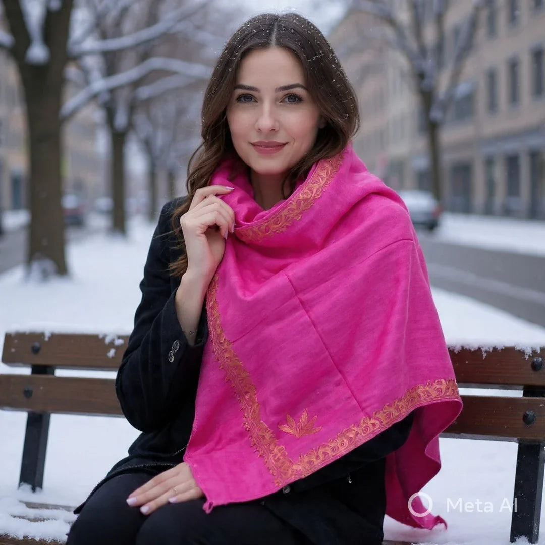 Kashmiri Aari Work Stole | Pink Colour | Handwork