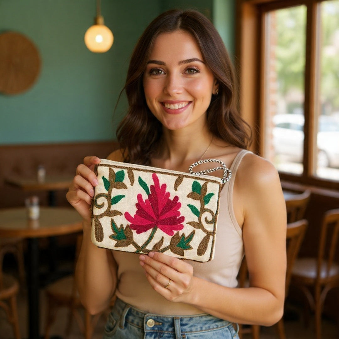 Hand Pouch | Crewel clutch | Kashmiri Crewel Embrodery