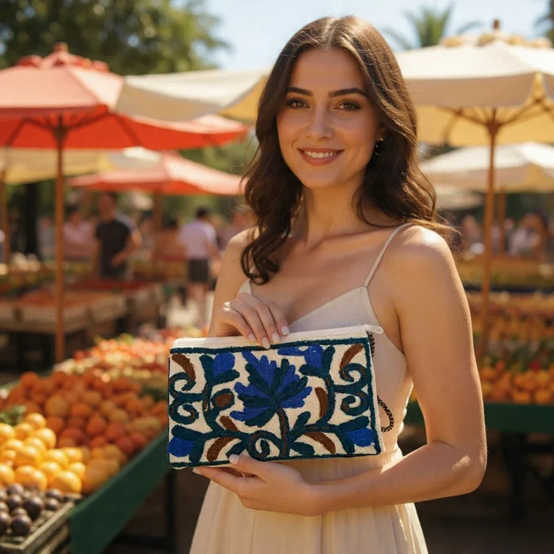 Hand Pouch | Crewel clutch |Kashmiri Crewel Embrodery