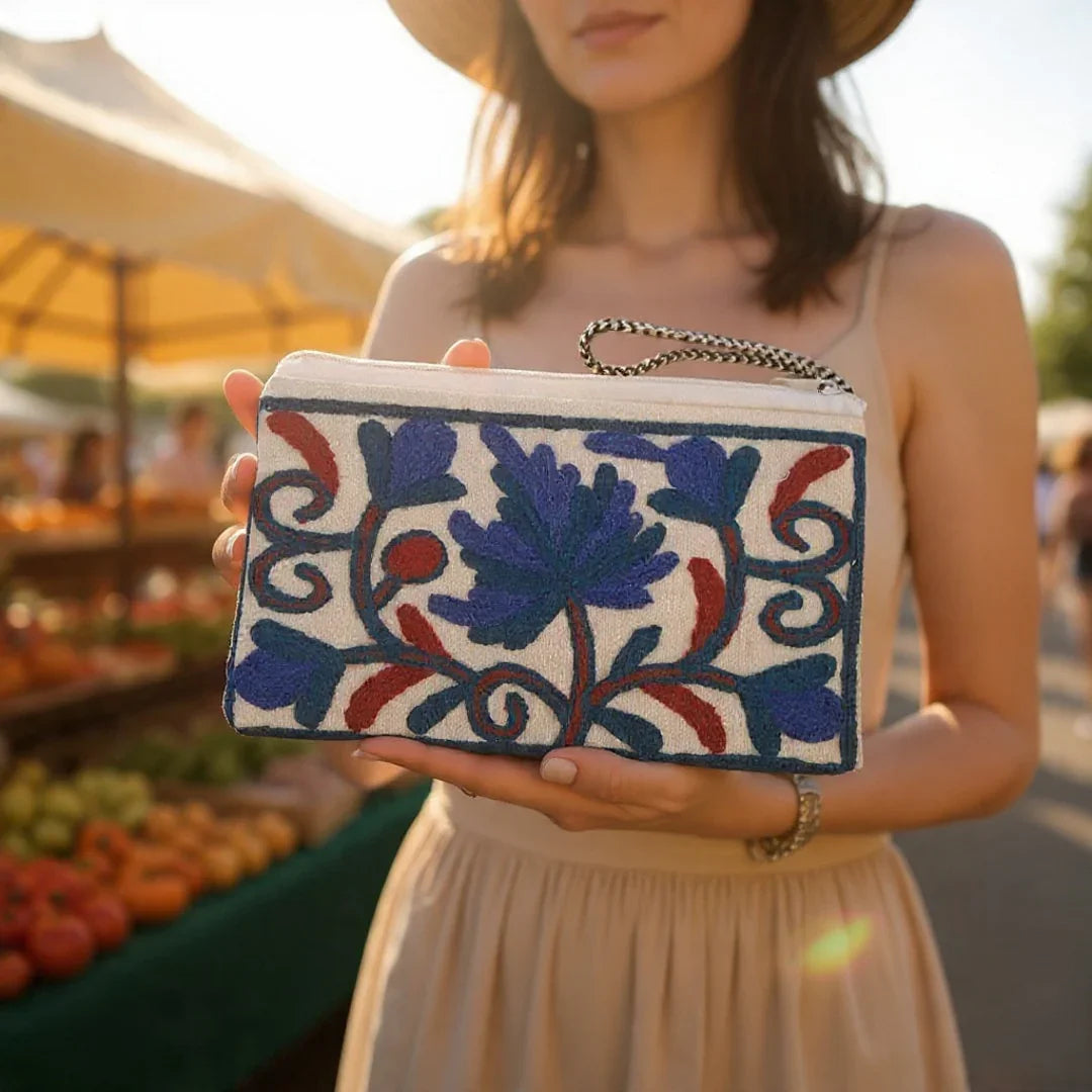 Hand Pouch | Crewel clutch |  Kashmiri Crewel Embrodery