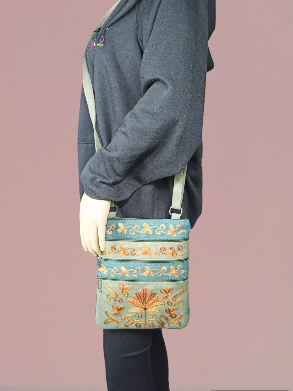 Suede Leather Sling Bag | Embroidery 5 Zipper | Sling Bag For Girls