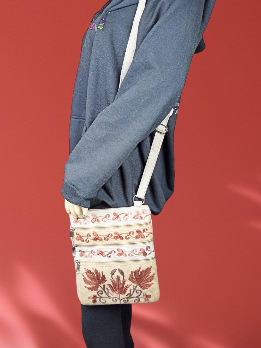 Suede Leather Sling Bag | Embroidery 5 Zipper | Sling Bag For Girls