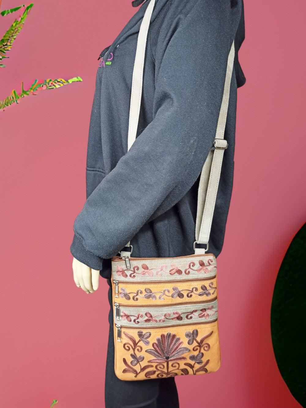 Suede Leather Sling Bag | Embroidery 5 Zipper | Sling Bag For Girls