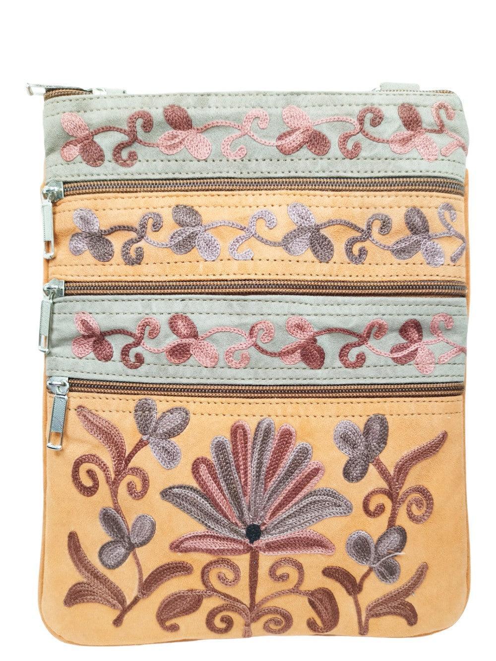 Suede Leather Sling Bag | Embroidery 5 Zipper | Sling Bag For Girls