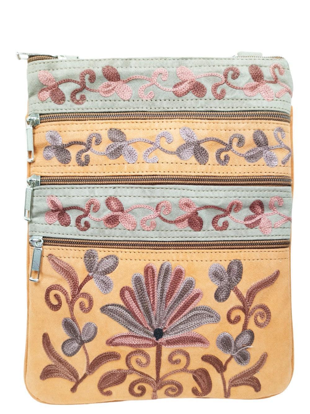 Suede Leather Sling Bag | Embroidery 5 Zipper | Sling Bag For Girls - ZANSKAR ARTS