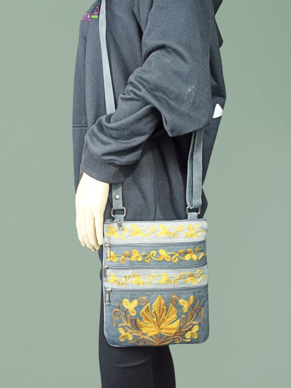 Suede Leather Sling Bag | Embroidery 5 Zipper | Sling Bag For Girls