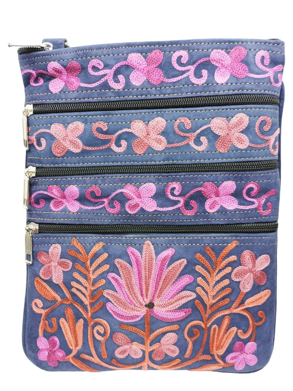 Suede Leather Sling Bag | Embroidery 5 Zipper | Sling Bag For Girls