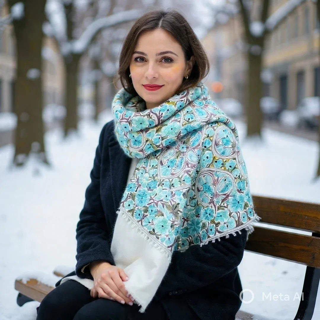 Kashmiri Wool Stole | Full Aari Work Stole | Handwoven