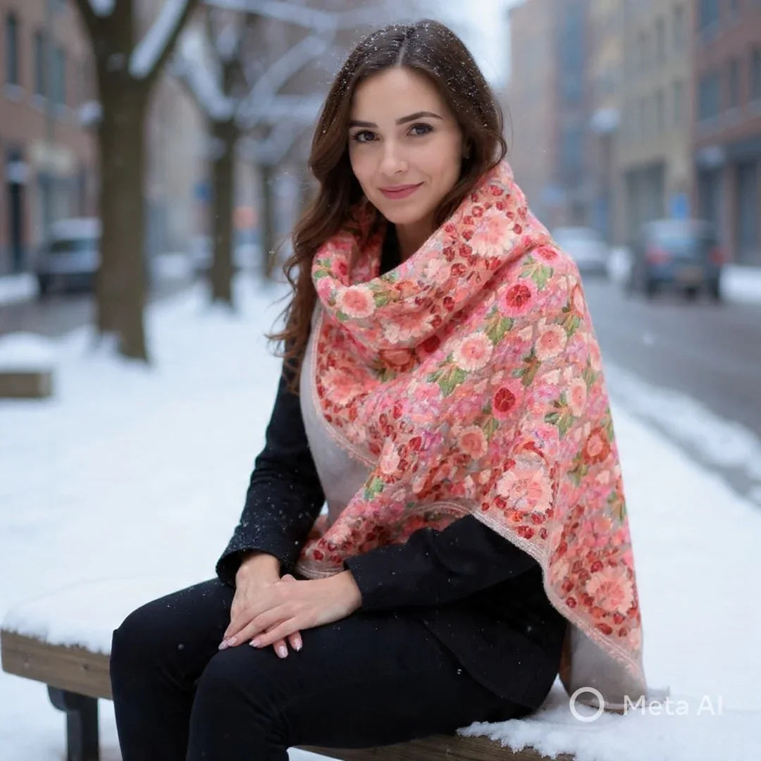 Kashmiri Wool Stole | Full Aari Work Stole | Handwoven