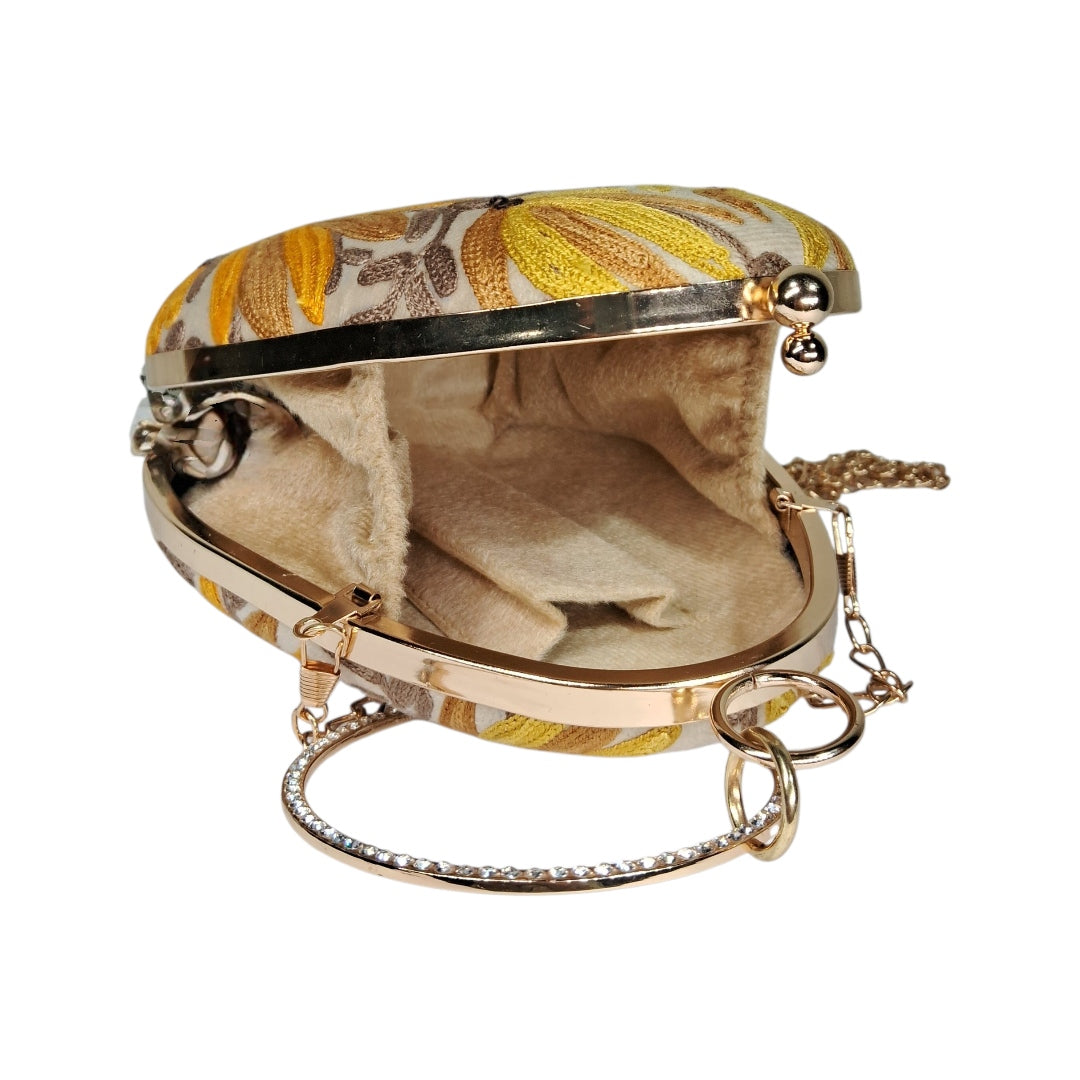 Dark Yellow Almond | Aari Work Embroidered Kashmiri | Clutch with Sling