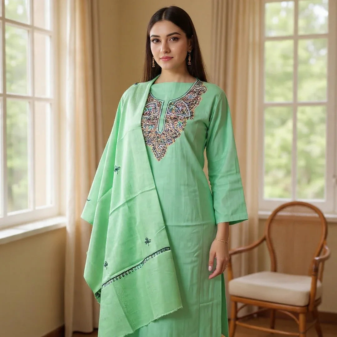 Kashmiri Sozni Work Suit | Woollen Suit | Unstitched Suit