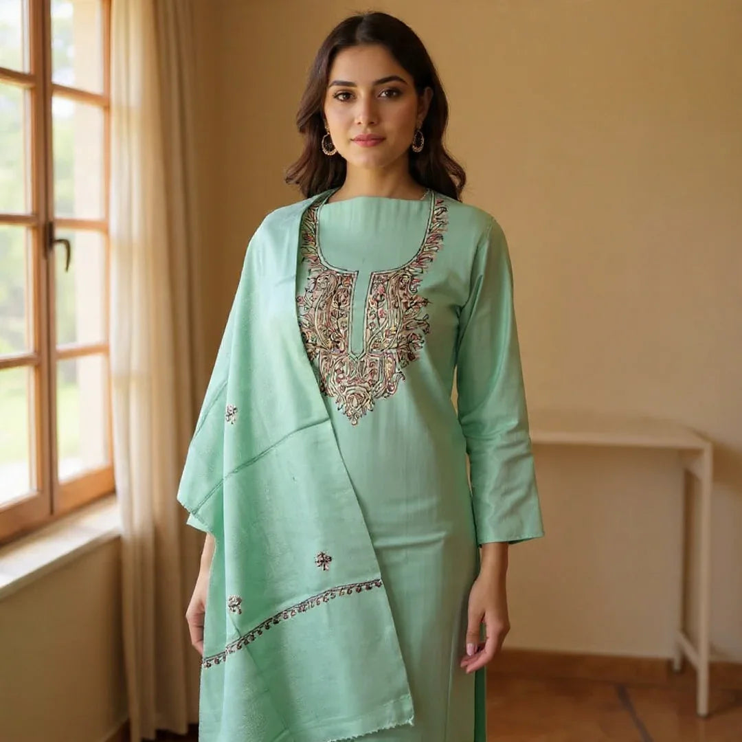 Kashmiri Sozni Work Suit | Woollen Suit | Unstitched Suit