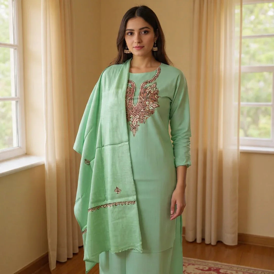 Kashmiri Sozni Work Suit | Woollen Suit | Unstitched Suit