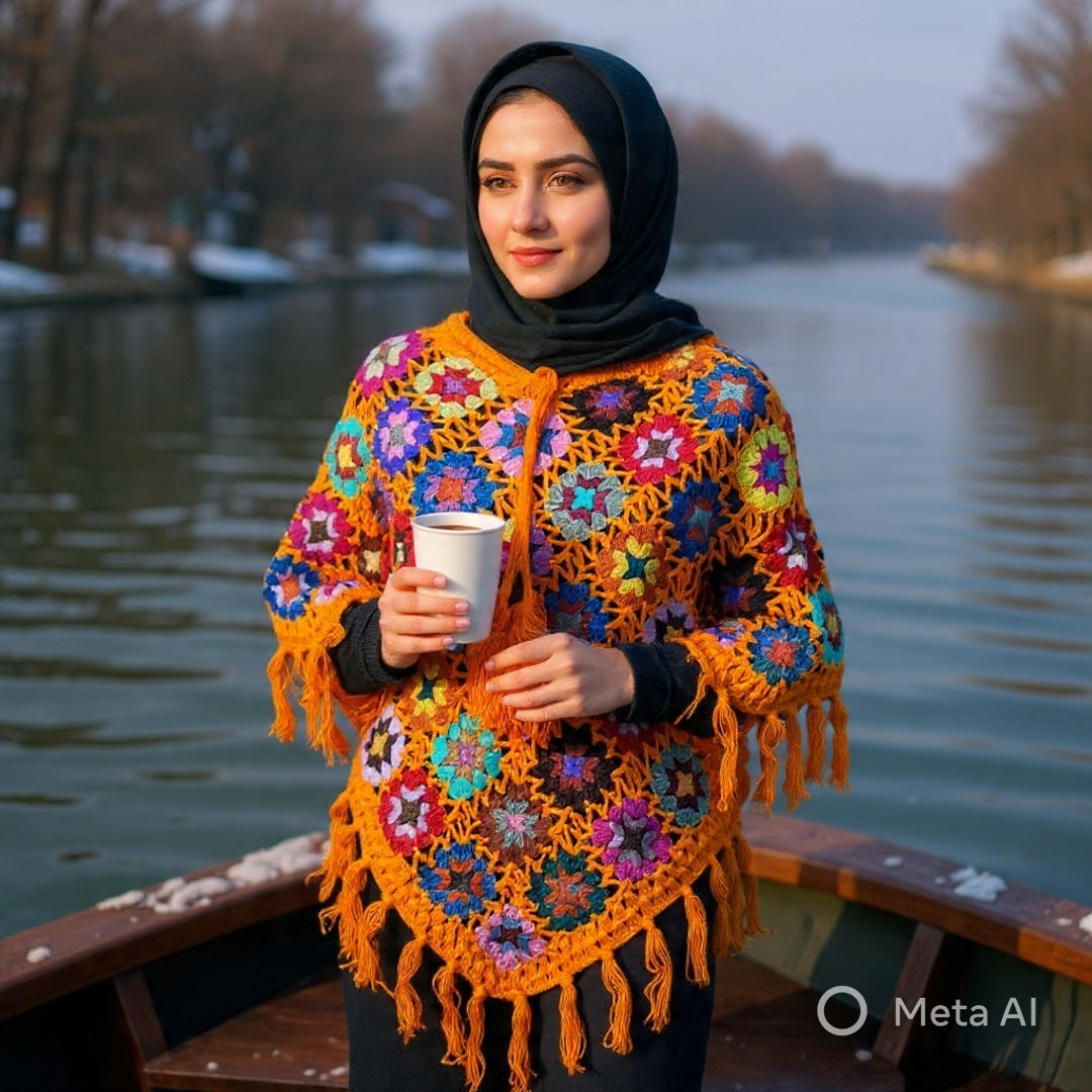 Woollen Qureshi Poncho | Handknitted Wool Poncho | Crochet Poncho