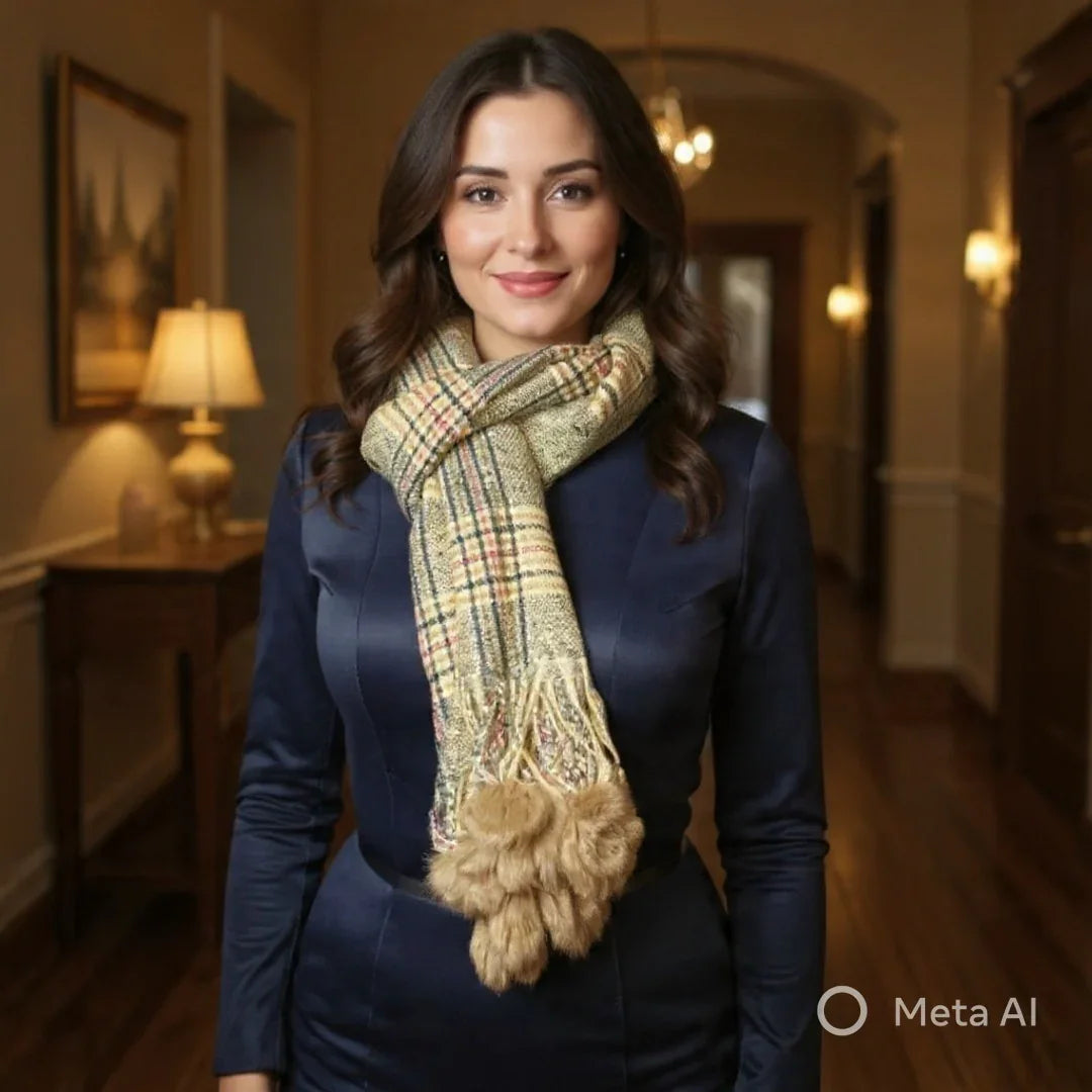 Cashmere Woolen Stole  | Reversible Stole | Check Design With Fur Balls