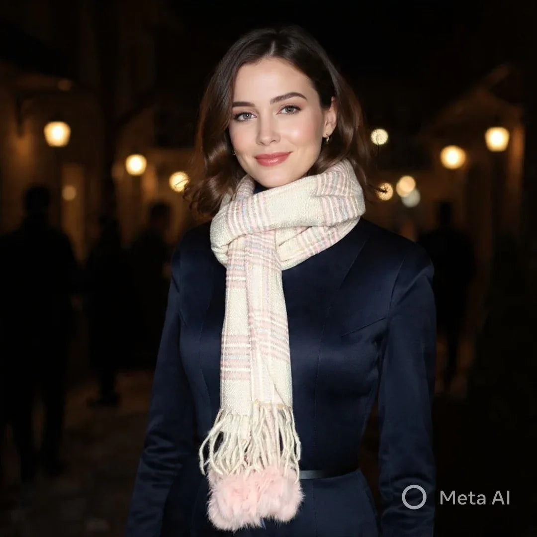 Cashmere Woolen Stole  | Reversible Stole | Check Design With Fur Balls