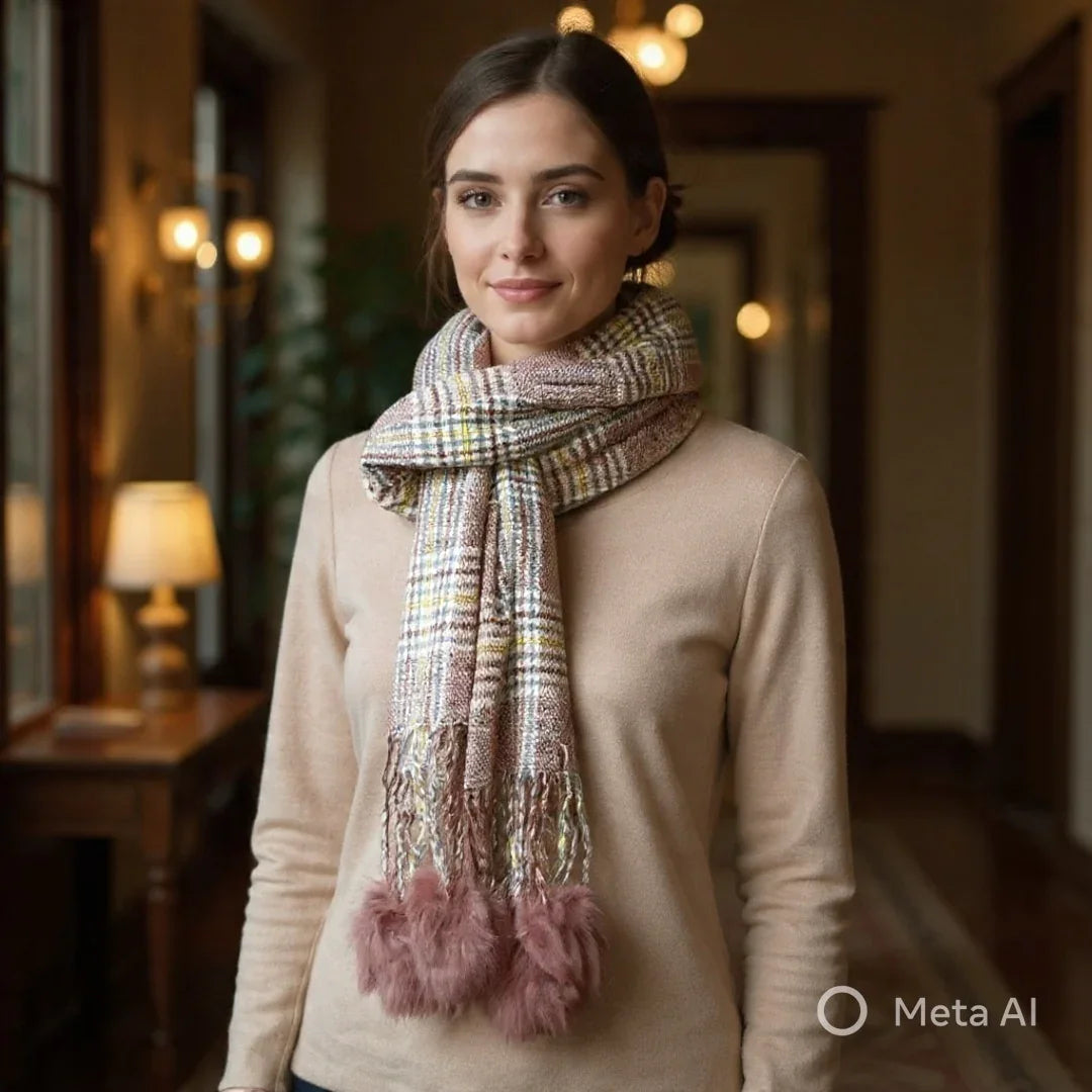 Cashmere Woolen Stole  | Reversible Stole | Check Design With Fur Balls