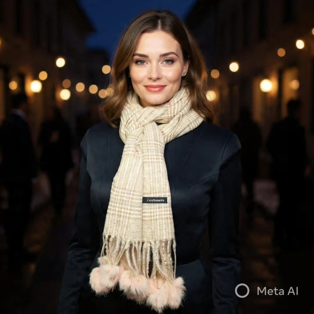 Cashmere Woolen Stole  | Reversible Stole | Check Design With Fur Balls