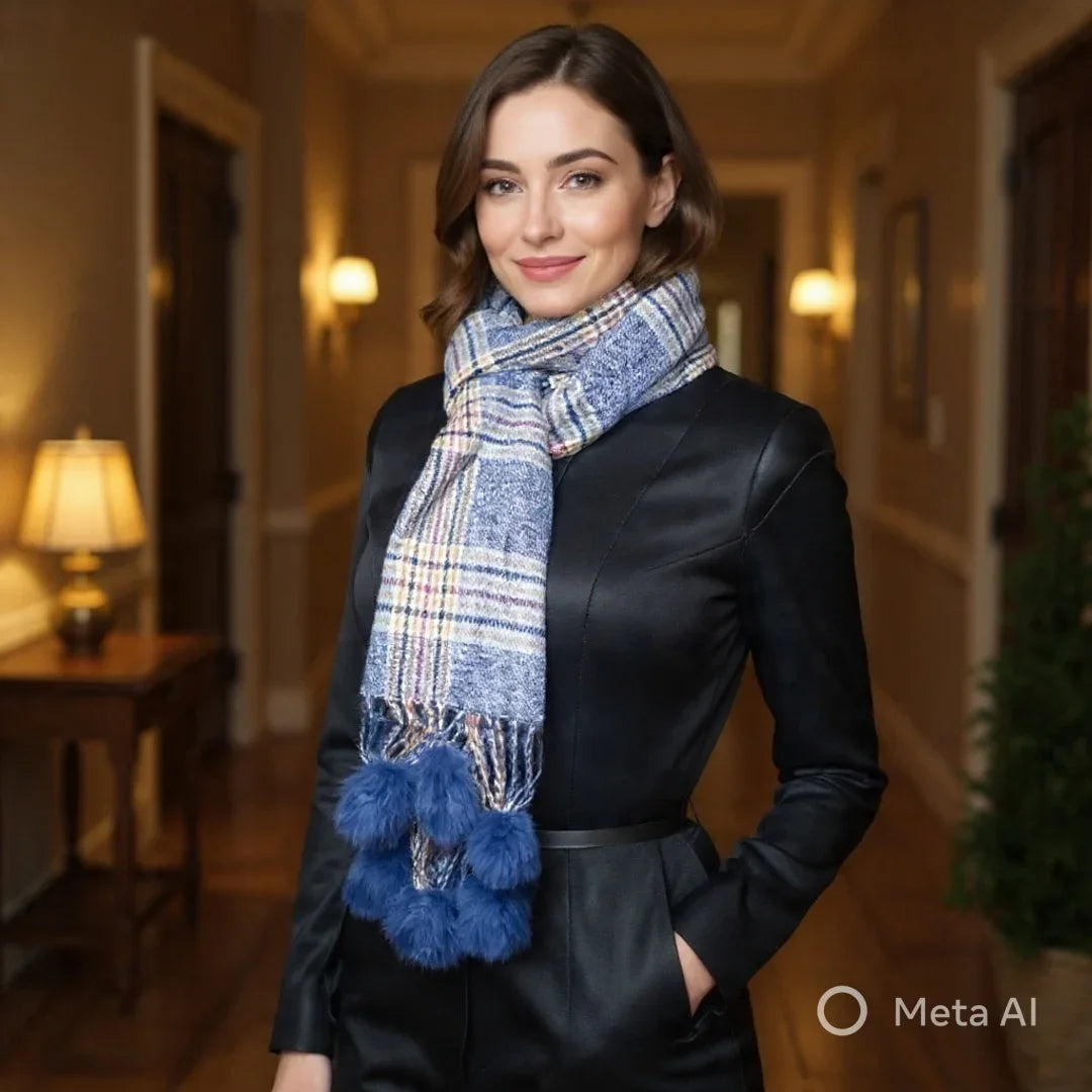 Cashmere Woolen Stole | Reversible Stole | Check Design With Fur Balls