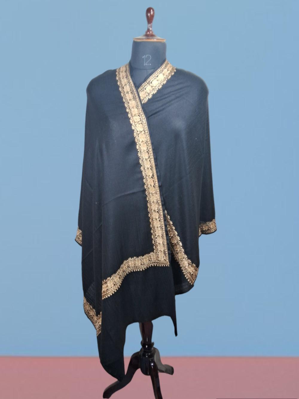 Tilla Border Stole | Zari Border | Black Colour | Handwoven - ZANSKAR ARTS
