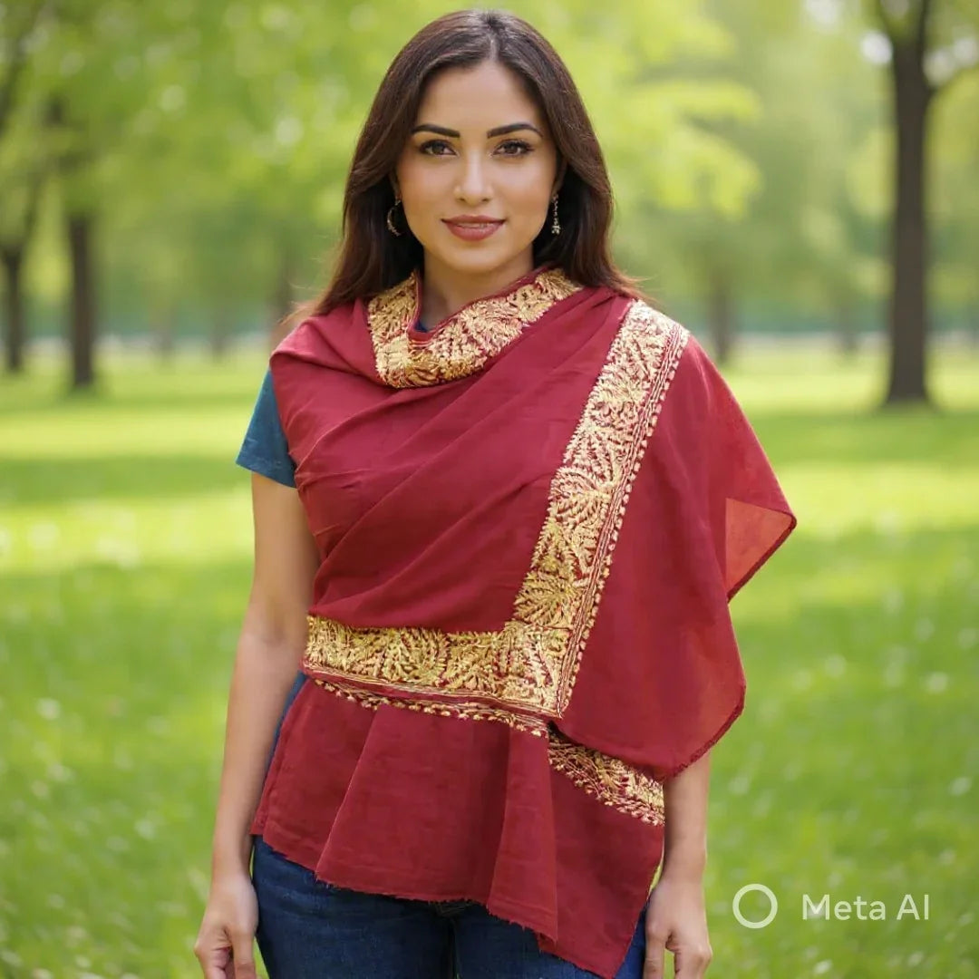 Tilla Border Stoles | Zari Bordet | Maroon Colour | Handwoven