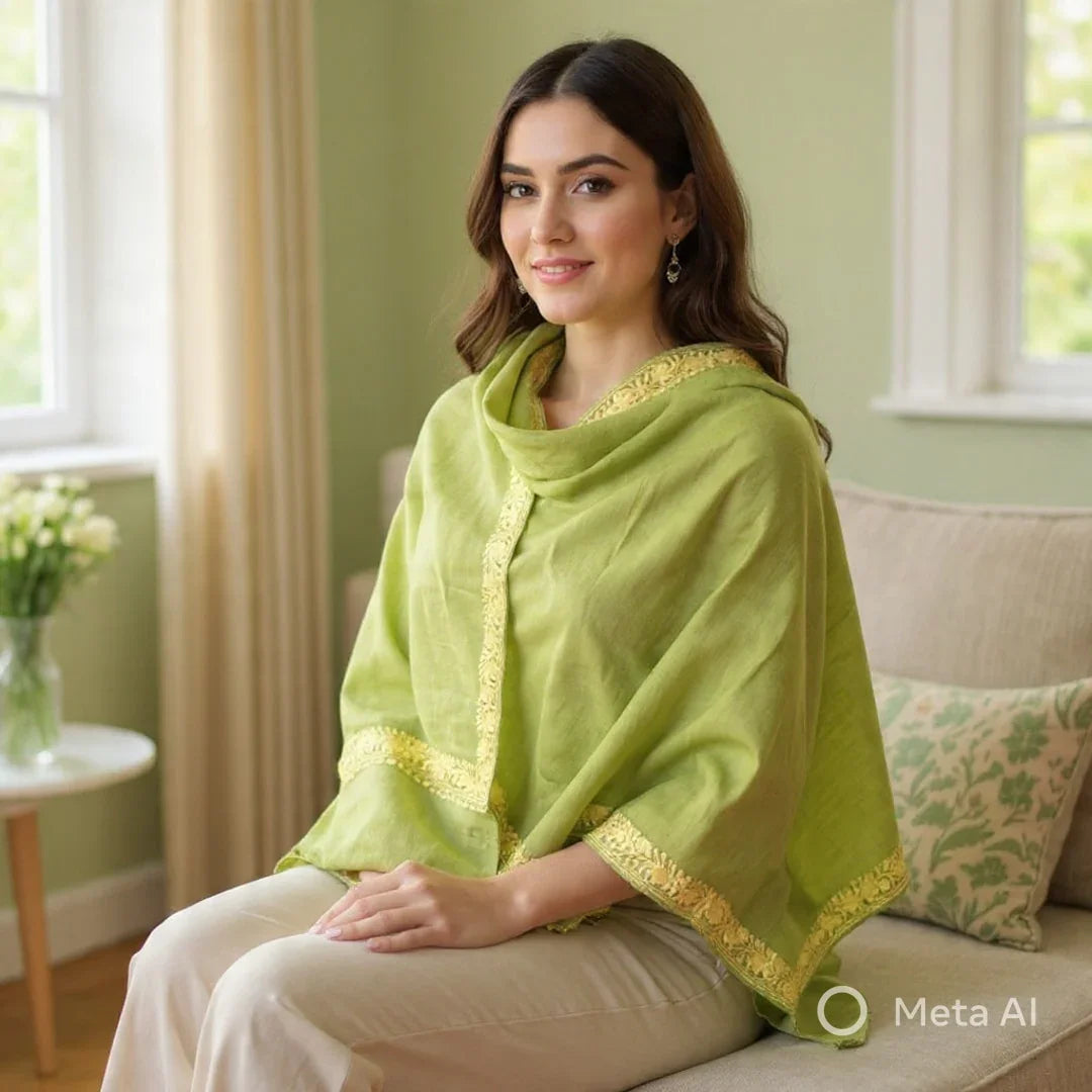 Tilla Border Stole | Zare Border | Mehndi Green