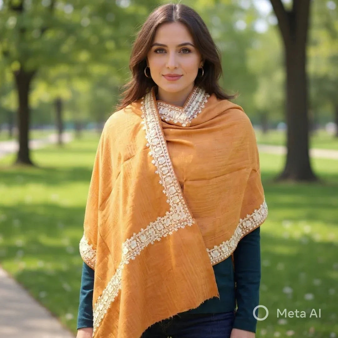 Tilla Border Stole | Zari Border | Orange Colour | Handwoven