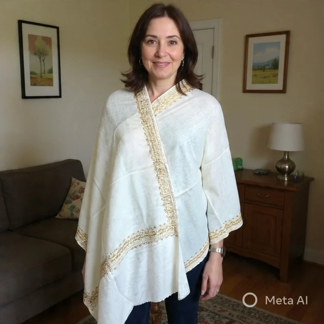 Tilla Border Stole | Zari Border | White Colour | Handwoven