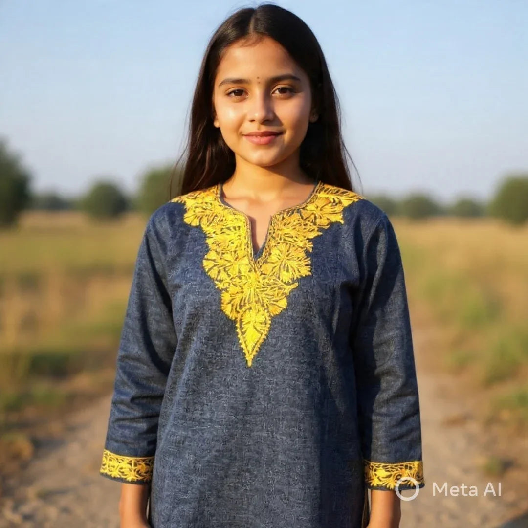 Young woman wearing blue traditional kurta with yellow floral embroidery outdoors in natural setting