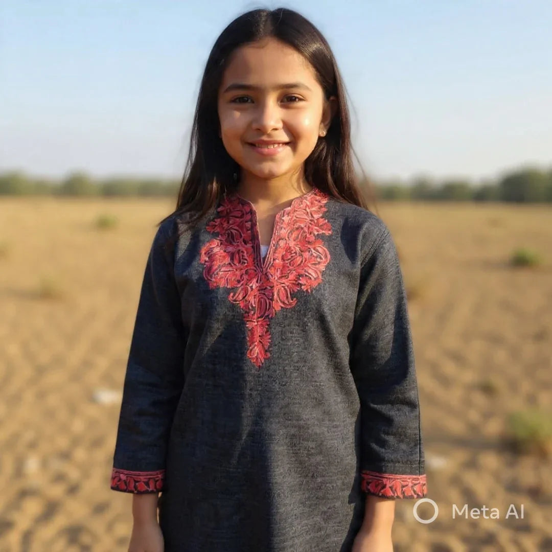 Smiling girl wearing dark grey kurta with red floral embroidery, standing in a sunny outdoor field