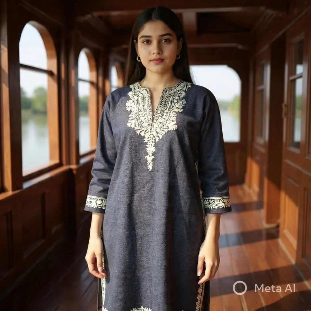 Woman wearing navy blue traditional embroidered kurta standing in a wooden corridor with large windows and outdoor water view