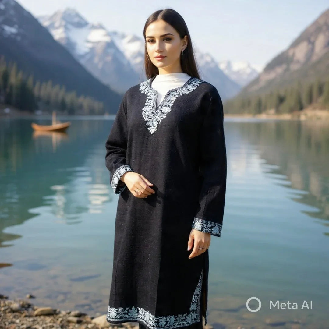 Woman wearing black embroidered Pashmina shawl dress near serene lake with mountains in background