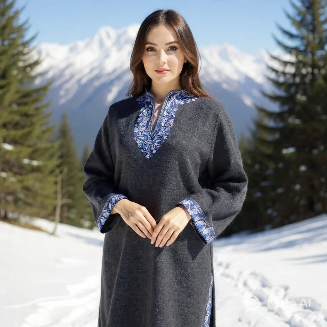 Women Yak Wool Faran | XL Grey | V Neck