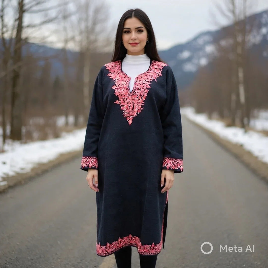 Women Yak Wool Faran | XXL Dark Black | V Neck