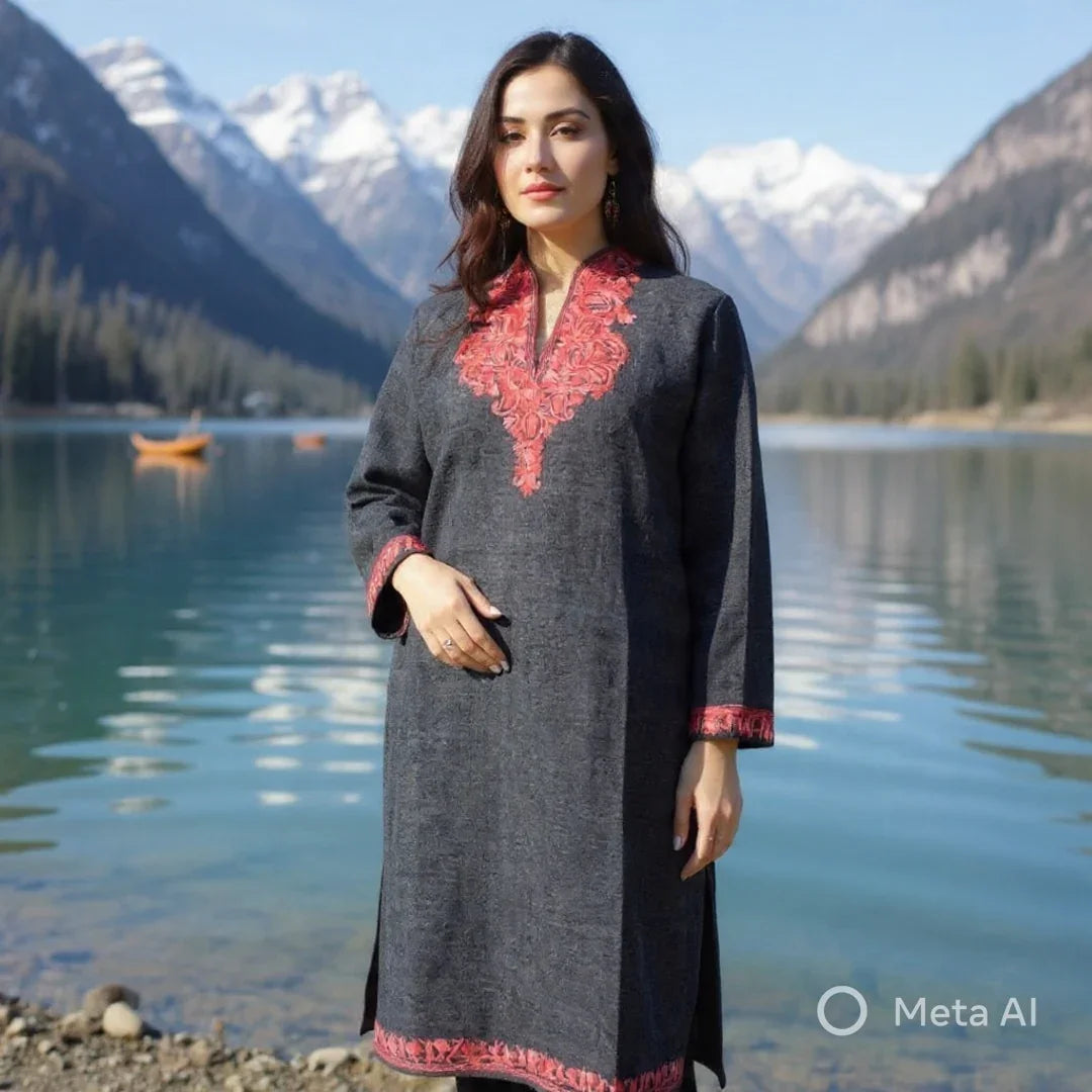 Woman in grey embroidered wool kurti near lake with snow-capped mountains background