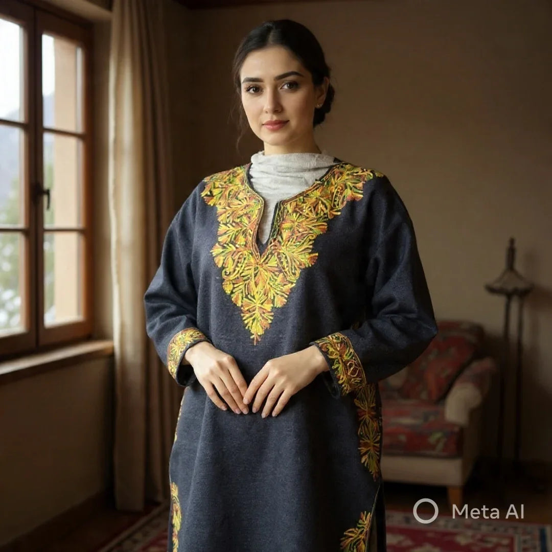 Woman wearing a dark blue embroidered Pashmina shawl with yellow floral patterns indoors near window