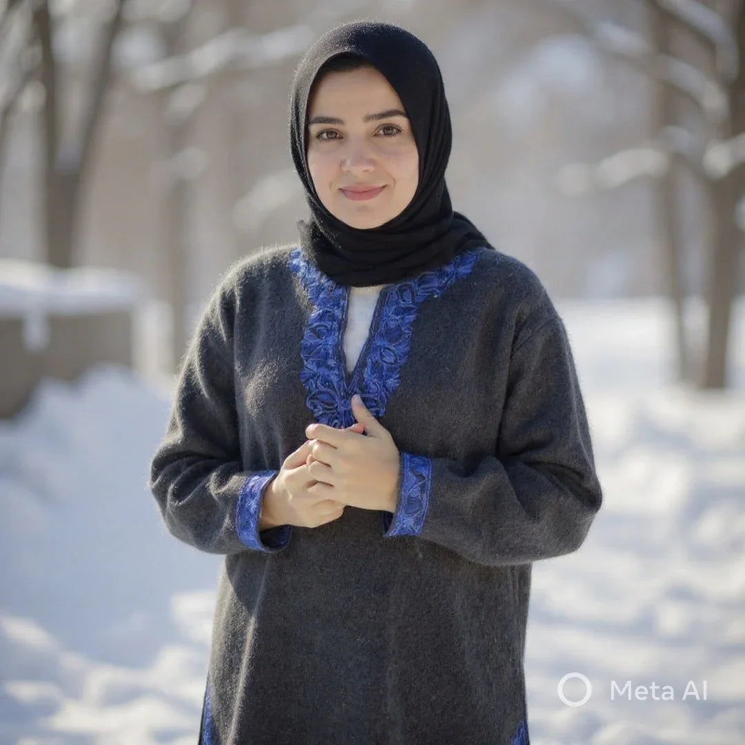 Woman wearing black hijab and dark grey Pashmina shawl with blue embroidery standing in snowy outdoor setting