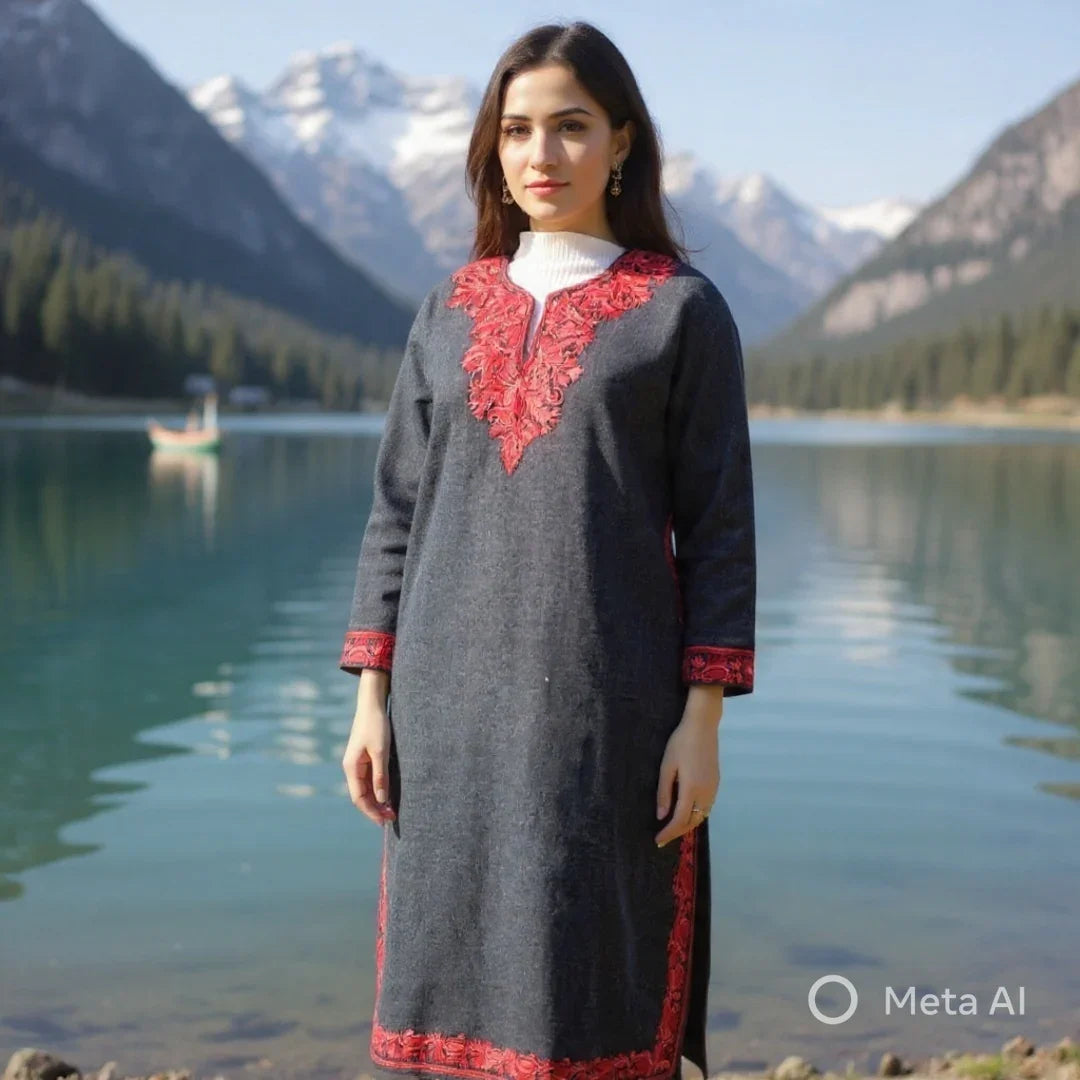 Women Yak Wool Faran | XL Dark Grey | V Neck