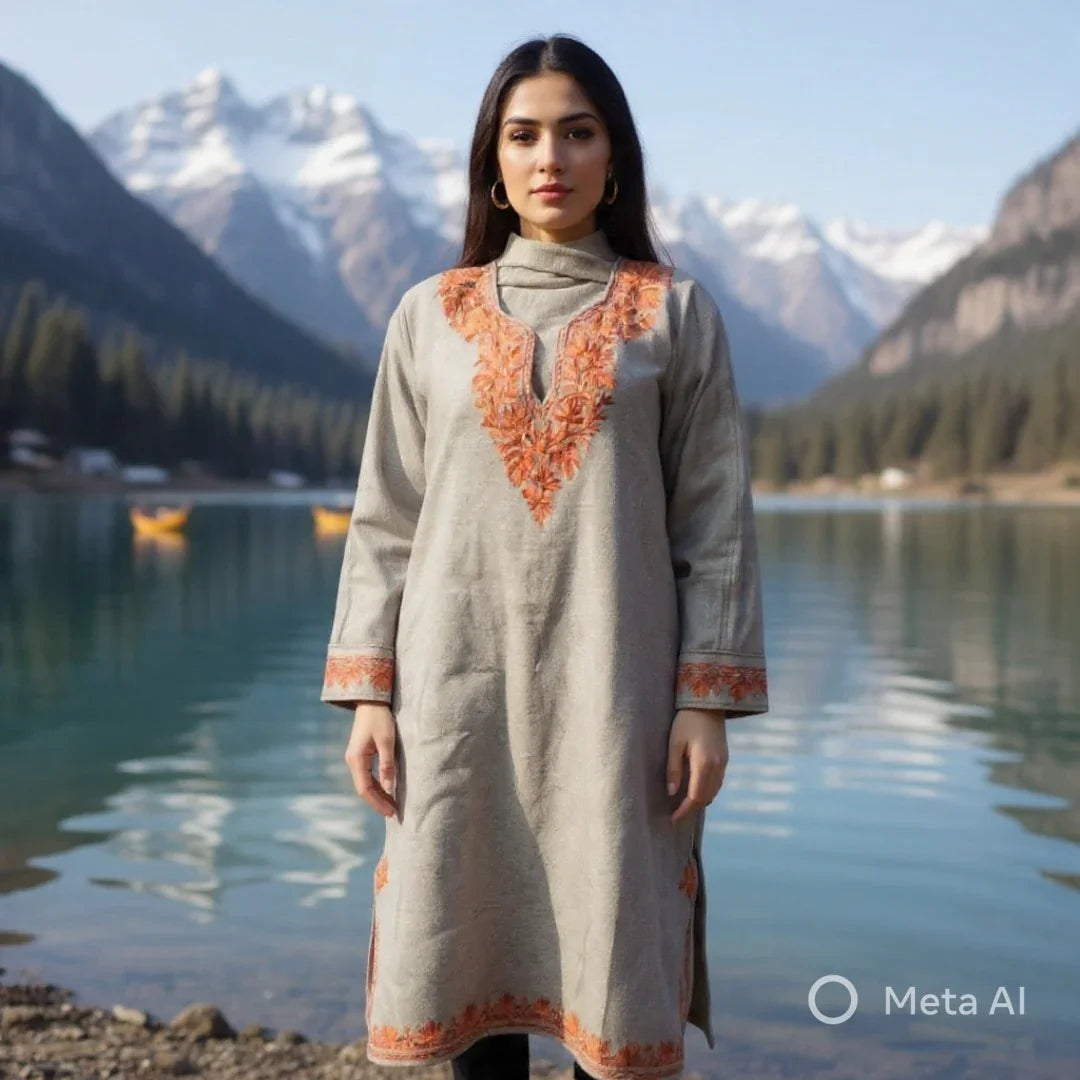 Woman wearing a woolen gray kurta with orange embroidery, standing by a mountain lake with snowy peaks