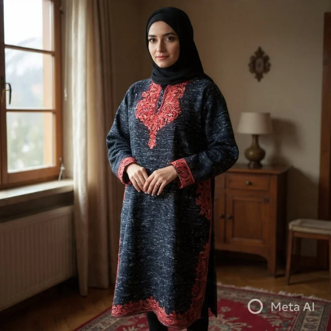 Women Yak Wool Faran | XL Natural Black | V Neck